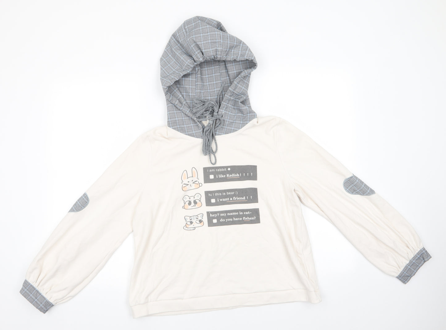 Unbl Womens Ivory Animal Print  Pullover Hoodie Size M   - I am a Rabbit I like Radish! Fabric Hood Cuffs Elbow pads