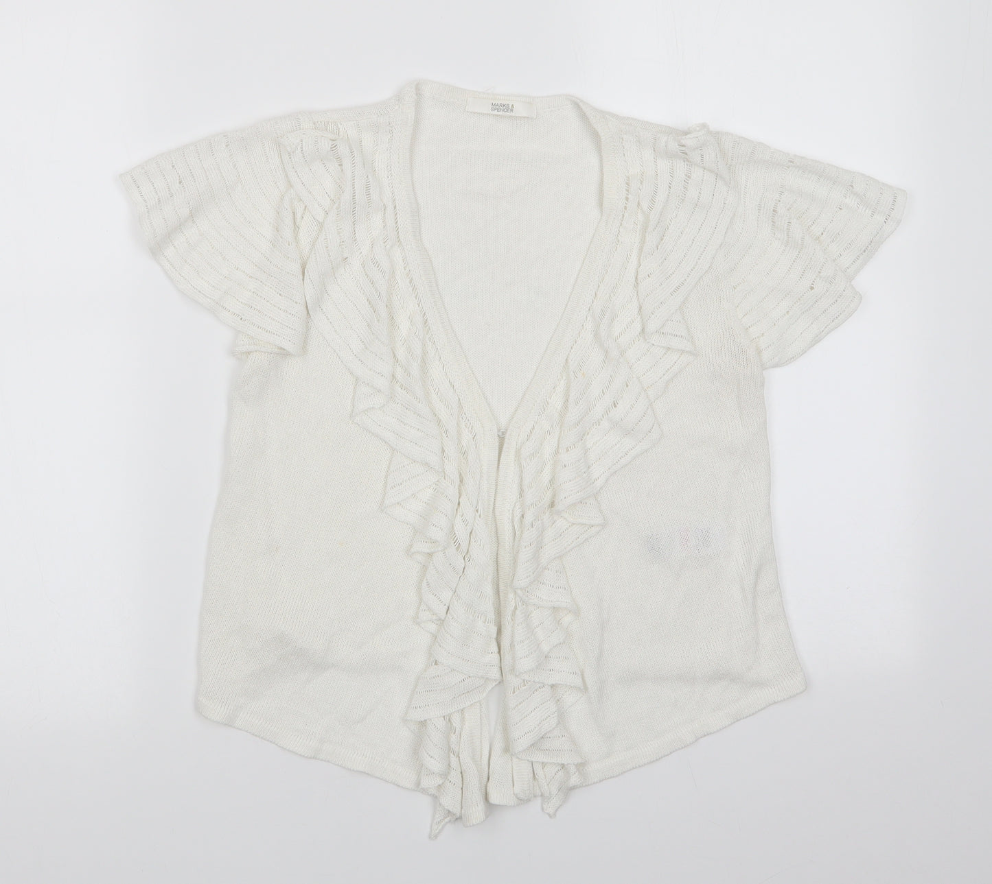 Marks and Spencer Womens White V-Neck  Flax Cardigan Jumper Size 10   - Frilled front Hook & eye