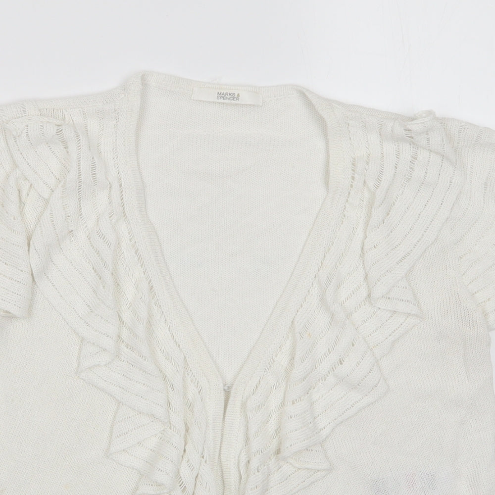 Marks and Spencer Womens White V-Neck  Flax Cardigan Jumper Size 10   - Frilled front Hook & eye