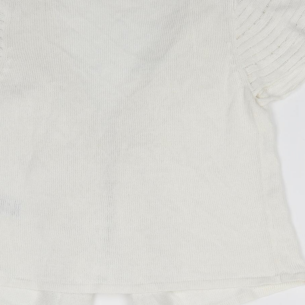 Marks and Spencer Womens White V-Neck  Flax Cardigan Jumper Size 10   - Frilled front Hook & eye