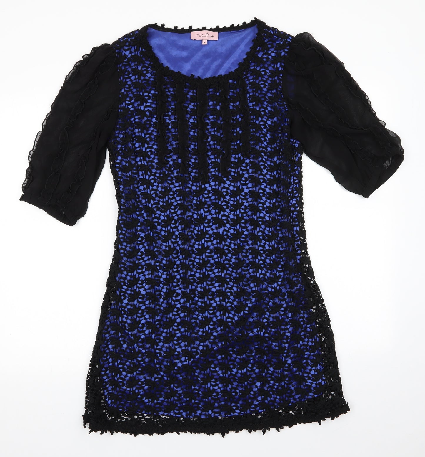 Darling Womens Blue Floral Cotton A-Line  Size M  Round Neck  - Black lace overlay blue dress Size Zip