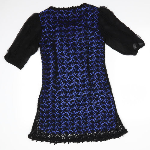 Darling Womens Blue Floral Cotton A-Line  Size M  Round Neck  - Black lace overlay blue dress Size Zip