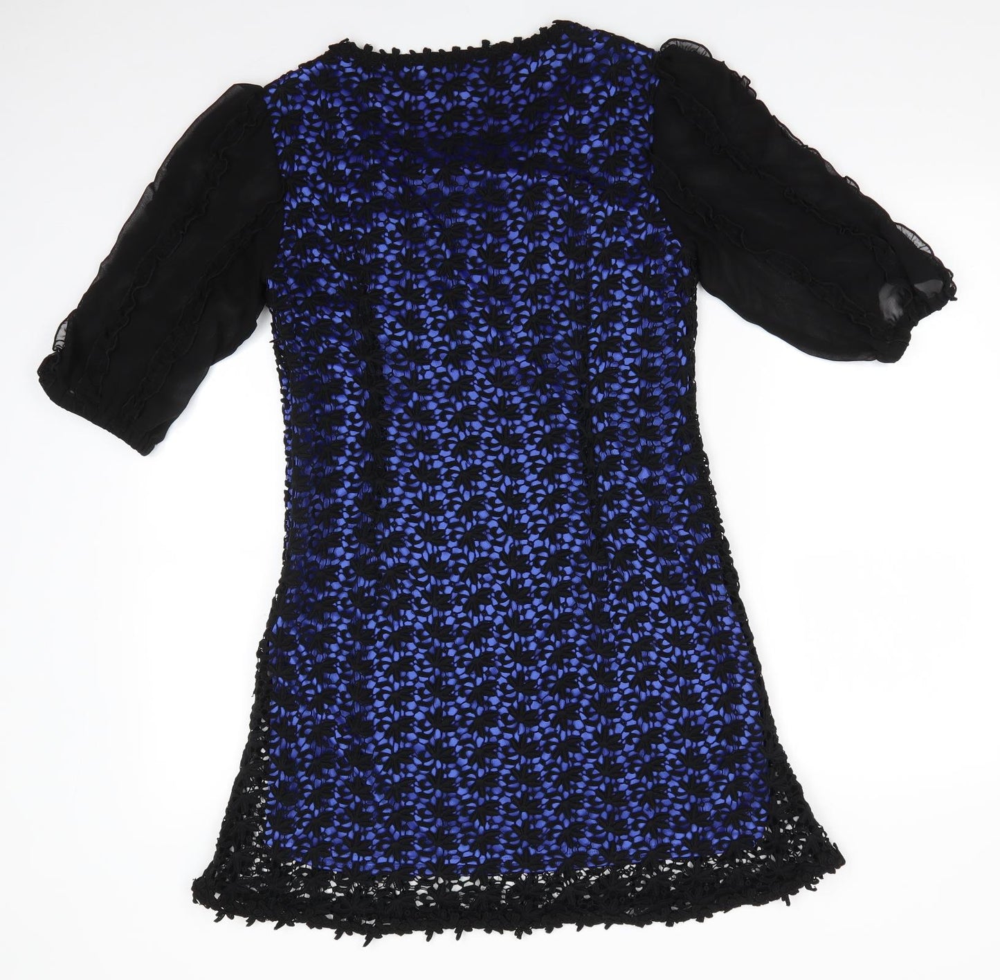 Darling Womens Blue Floral Cotton A-Line  Size M  Round Neck  - Black lace overlay blue dress Size Zip