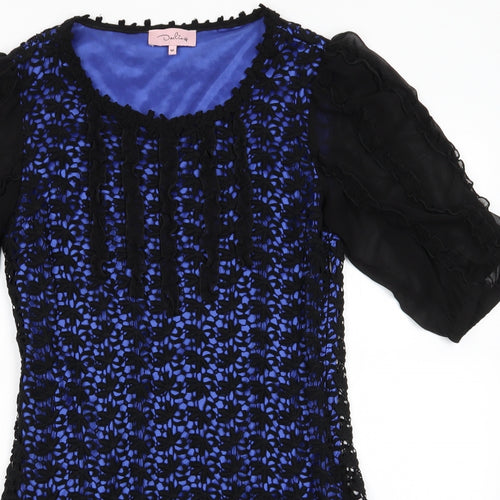 Darling Womens Blue Floral Cotton A-Line  Size M  Round Neck  - Black lace overlay blue dress Size Zip