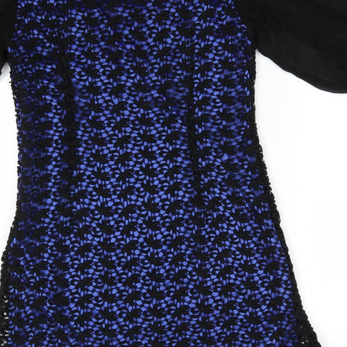Darling Womens Blue Floral Cotton A-Line  Size M  Round Neck  - Black lace overlay blue dress Size Zip