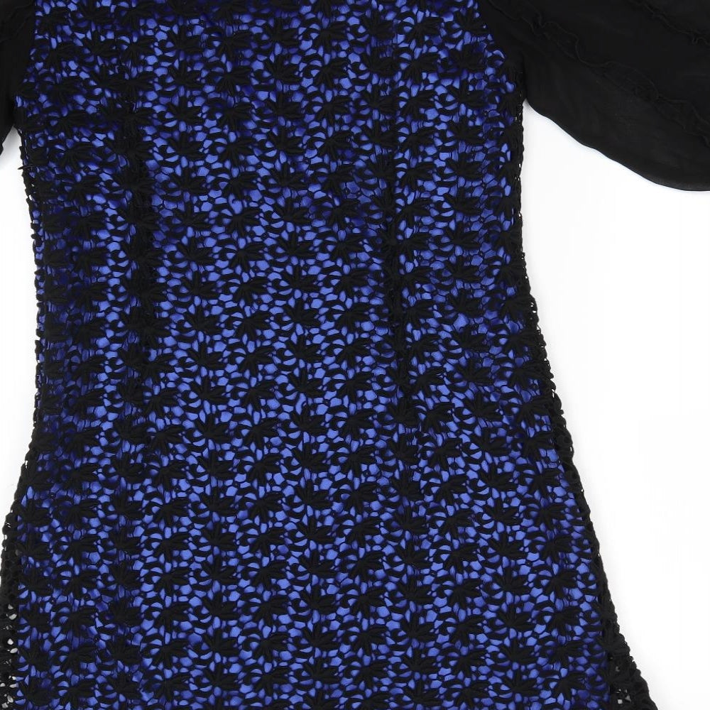Darling Womens Blue Floral Cotton A-Line  Size M  Round Neck  - Black lace overlay blue dress Size Zip
