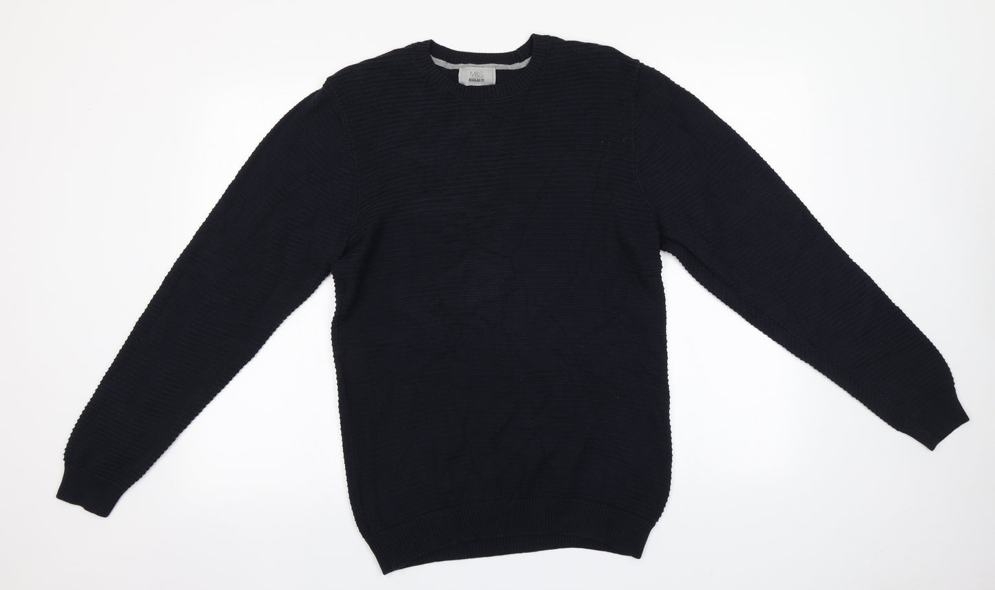 Marks and Spencer Mens Blue Round Neck  Cotton Pullover Jumper Size M