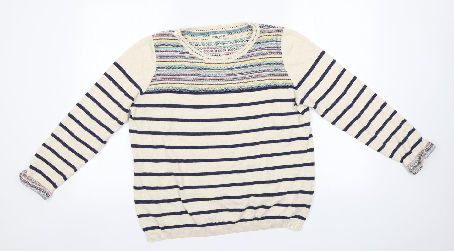 Indigo Womens Ivory Round Neck Striped Cotton Pullover Jumper Size 16