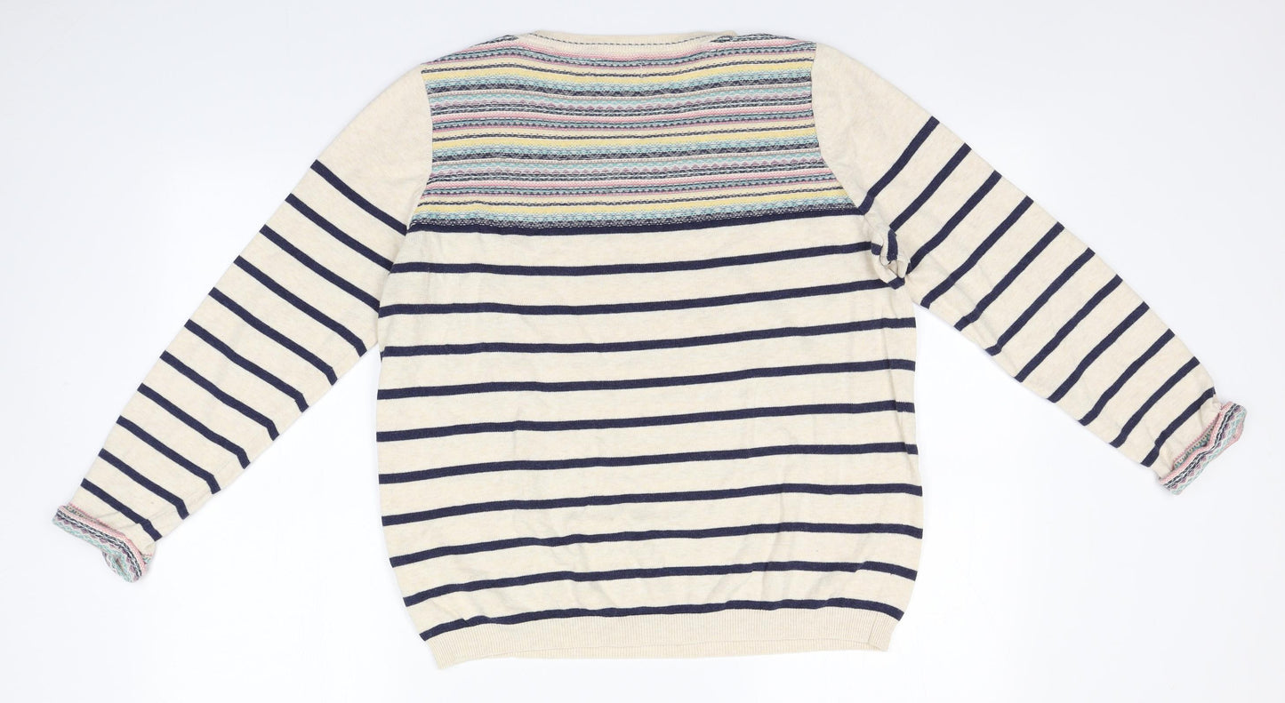 Indigo Womens Ivory Round Neck Striped Cotton Pullover Jumper Size 16