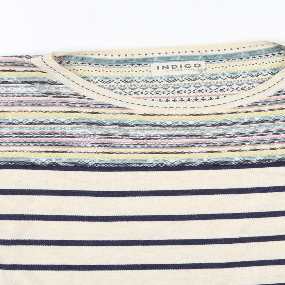 Indigo Womens Ivory Round Neck Striped Cotton Pullover Jumper Size 16