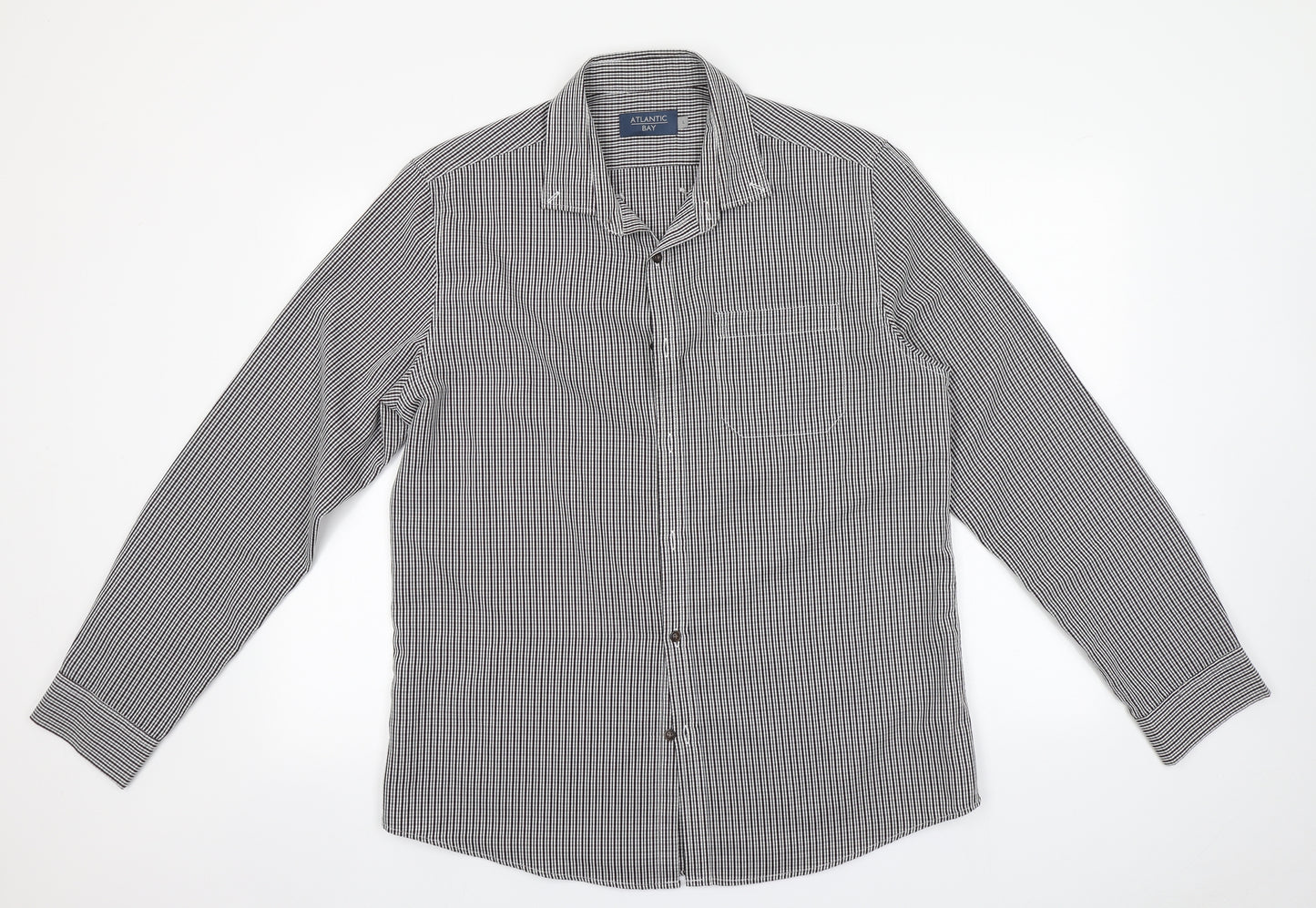 Atlantic Bay Mens Grey Striped Polyester  Button-Up Size L Collared