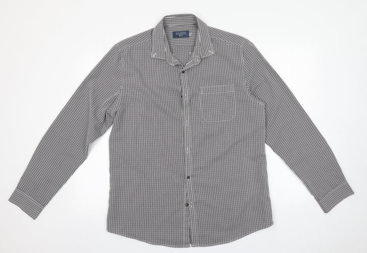 Atlantic Bay Mens Grey Striped Polyester  Button-Up Size L Collared