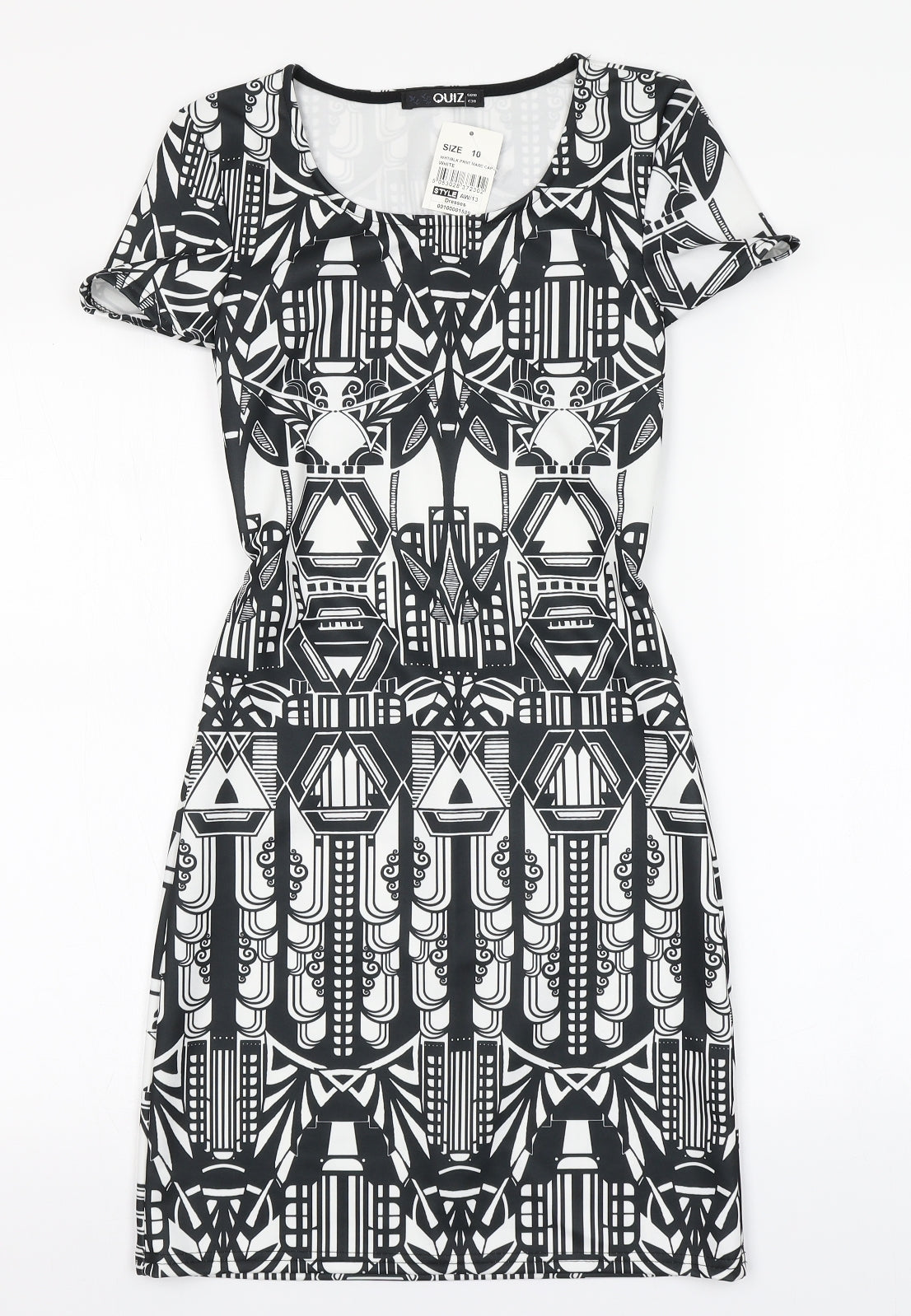 Quiz Womens White Geometric Polyester Pencil Dress  Size 10  Round Neck