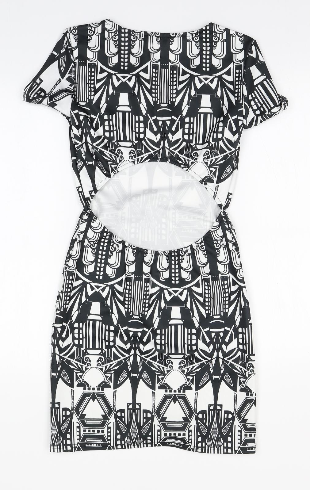 Quiz Womens White Geometric Polyester Pencil Dress  Size 10  Round Neck