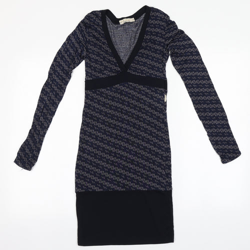 Artigli Womens Blue Geometric Viscose Pencil Dress    V-Neck