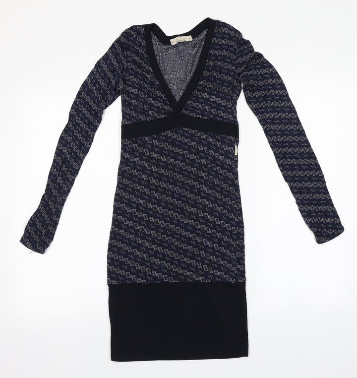 Artigli Womens Blue Geometric Viscose Pencil Dress V-Neck