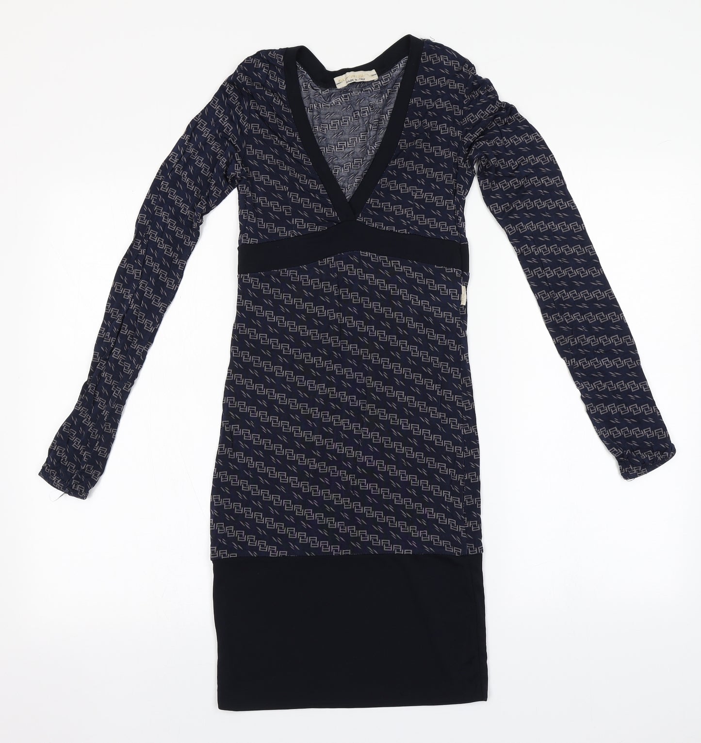 Artigli Womens Blue Geometric Viscose Pencil Dress    V-Neck