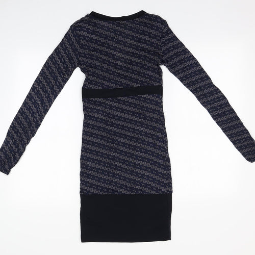 Artigli Womens Blue Geometric Viscose Pencil Dress    V-Neck