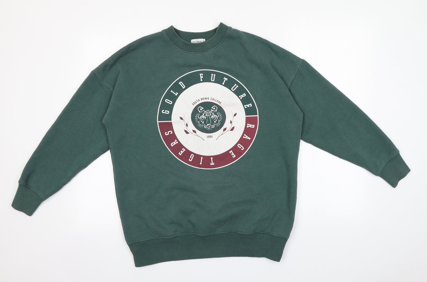 Pull&Bear Womens Green Round Neck  Polyester Pullover Jumper Size S