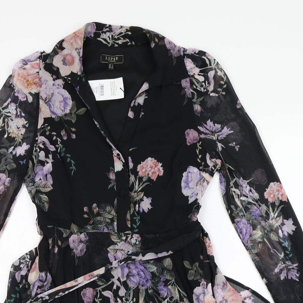 Lipsy Womens Black Floral Polyester A-Line  Size 8  Round Neck