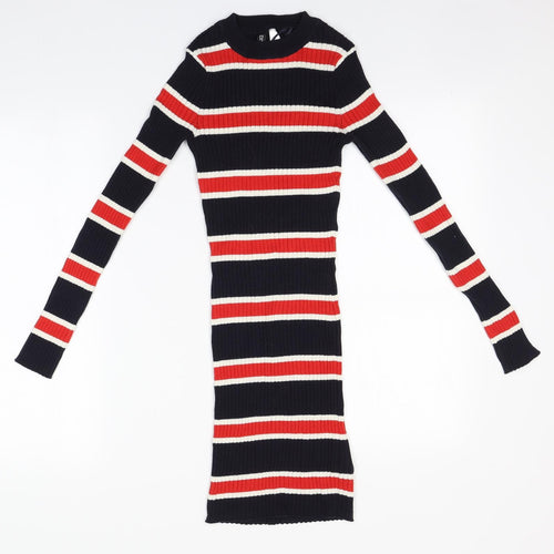 Divided Womens Blue Round Neck Striped Cotton Pullover Jumper Size 4