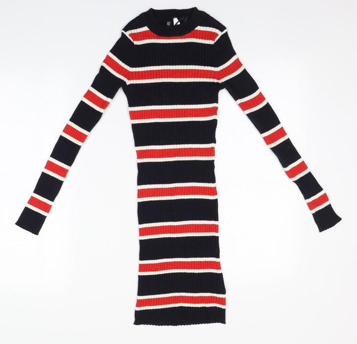 Divided Womens Blue Round Neck Striped Cotton Pullover Jumper Size 4