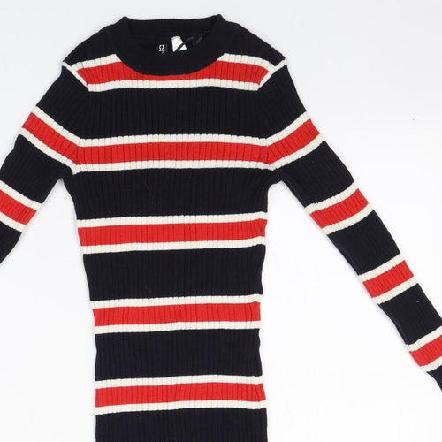 Divided Womens Blue Round Neck Striped Cotton Pullover Jumper Size 4