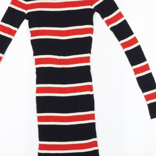 Divided Womens Blue Round Neck Striped Cotton Pullover Jumper Size 4