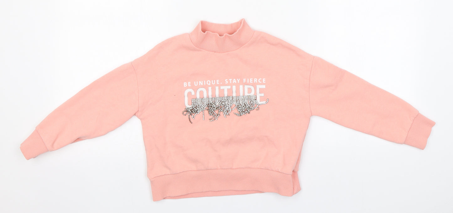 River Island Girls Pink Roll Neck  Cotton Pullover Jumper Size 5-6 Years