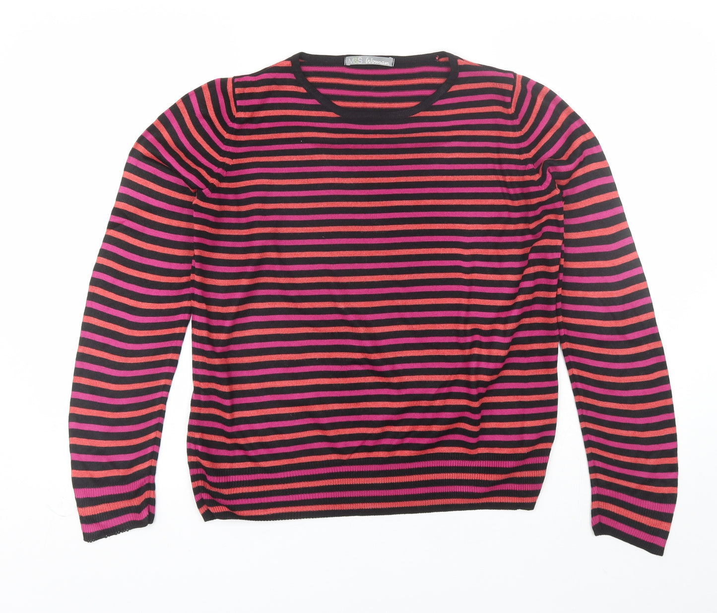 Marks and Spencer Womens Pink Round Neck Striped Acrylic Pullover Jumper Size 12