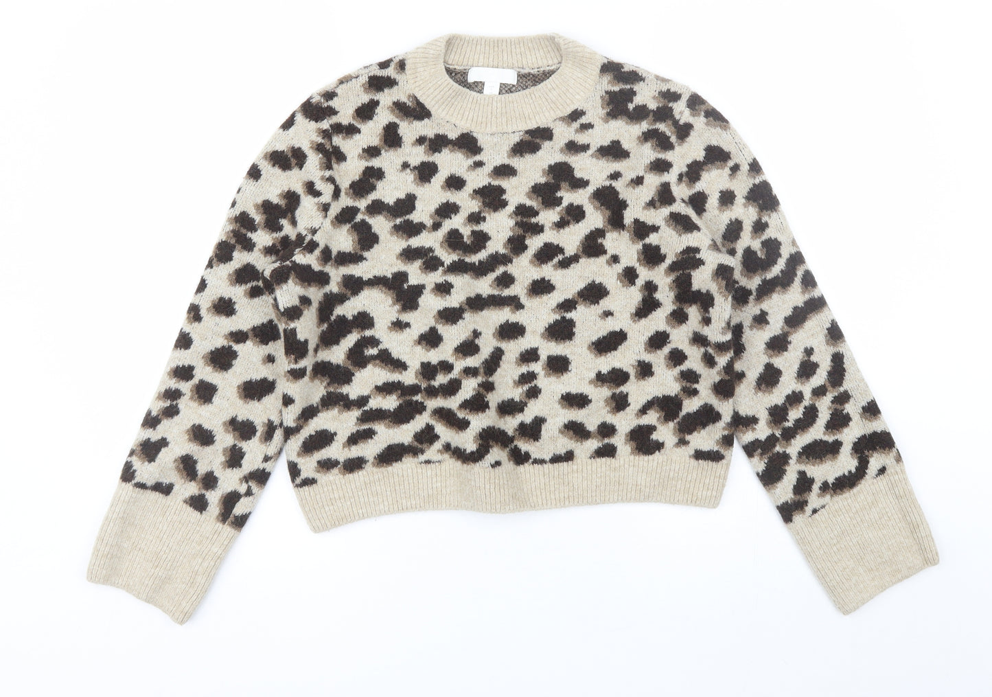 H&M Womens Brown Round Neck Animal Print Acrylic Pullover Jumper Size S