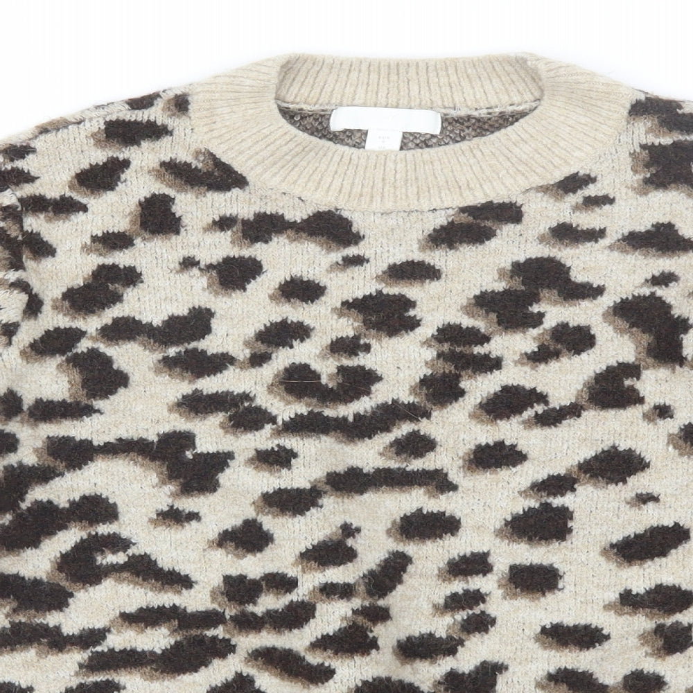 H&M Womens Brown Round Neck Animal Print Acrylic Pullover Jumper Size S