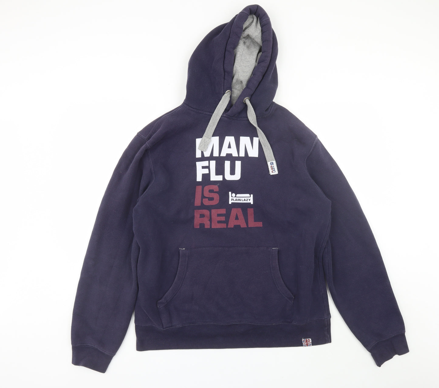 Plain Lazy Mens Blue  Cotton Pullover Hoodie Size L