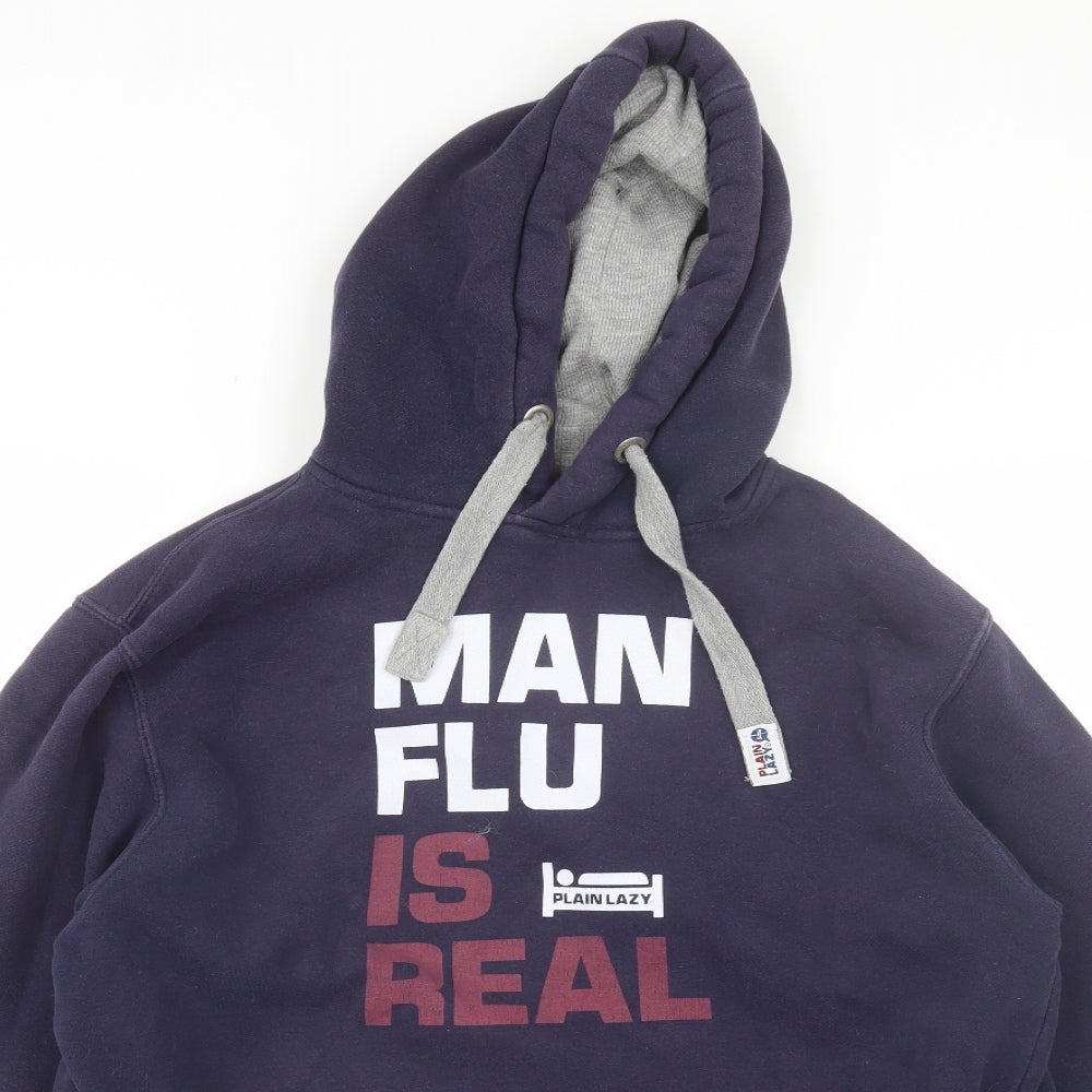 Plain Lazy Mens Blue  Cotton Pullover Hoodie Size L