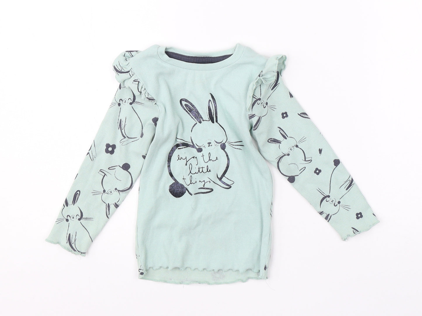 Nutmeg Girls Green  Cotton  Pyjama Top Size 2-3 Years   - rabbit