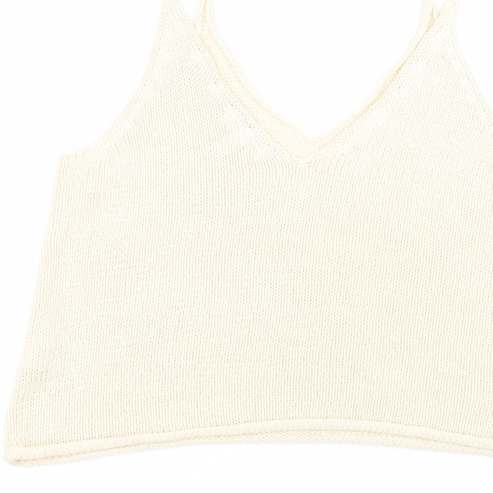 H&M Womens White  Acrylic Basic T-Shirt Size S V-Neck