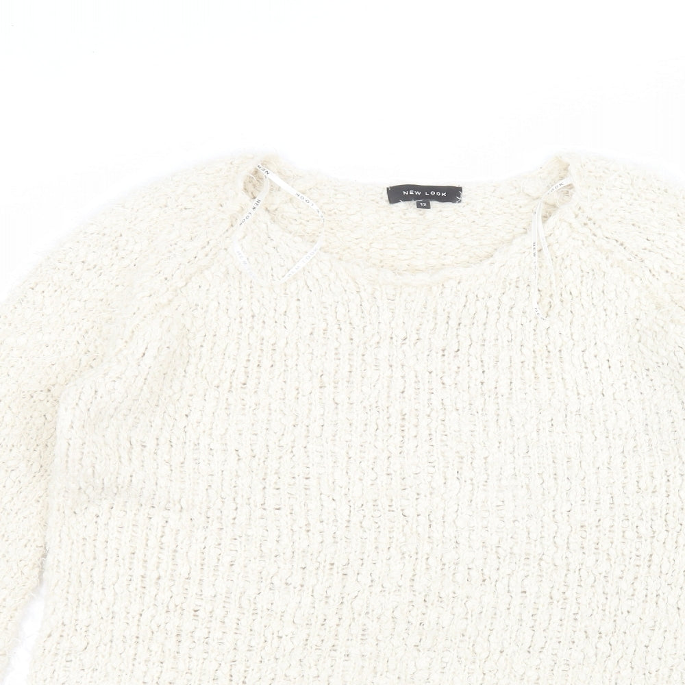New Look Womens White Round Neck  Polyester Pullover Jumper Size 12