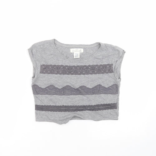 H&M Girls Grey Striped Cotton Cropped T-Shirt Size 11-12 Years Round Neck
