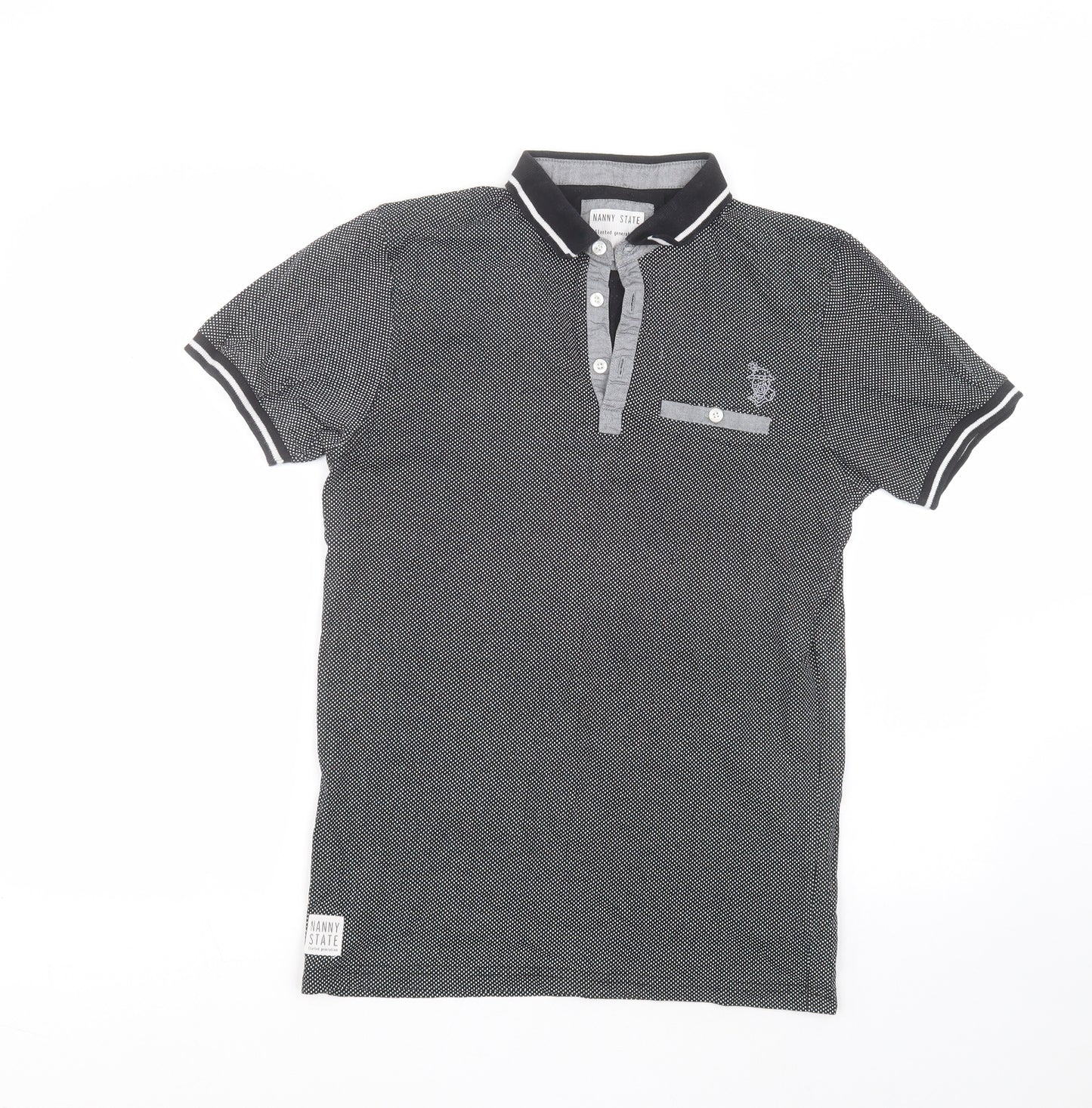 Nanny State Mens Black Polka Dot Cotton  Polo Size S Collared