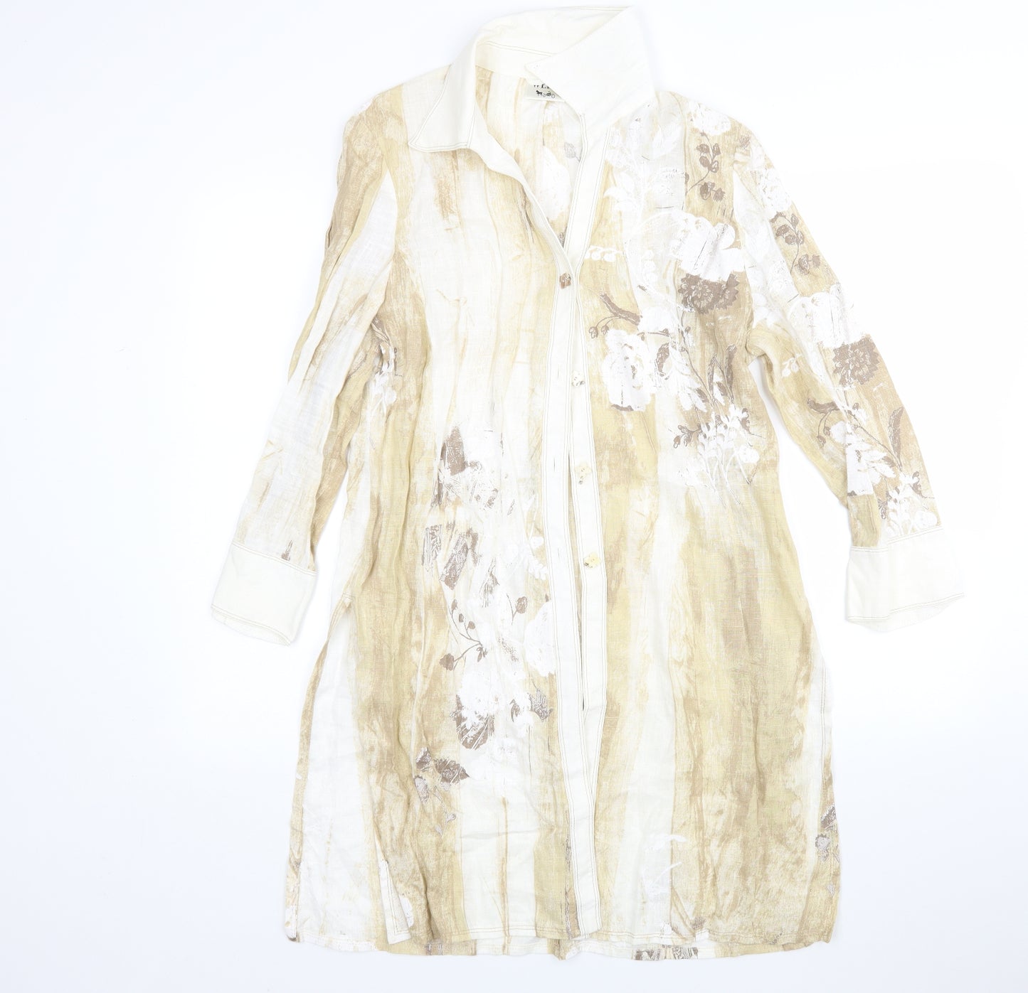 WEILL Womens Beige Floral Linen Shirt Dress  Size 12  Collared