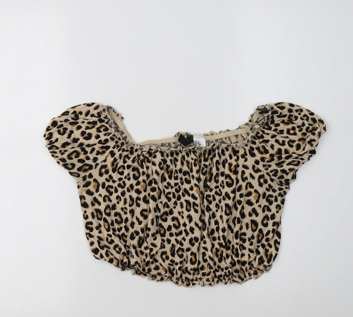 H&M Womens Brown Animal Print Viscose Cropped Blouse Size M Round Neck