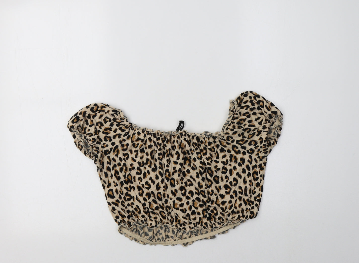 H&M Womens Brown Animal Print Viscose Cropped Blouse Size M Round Neck