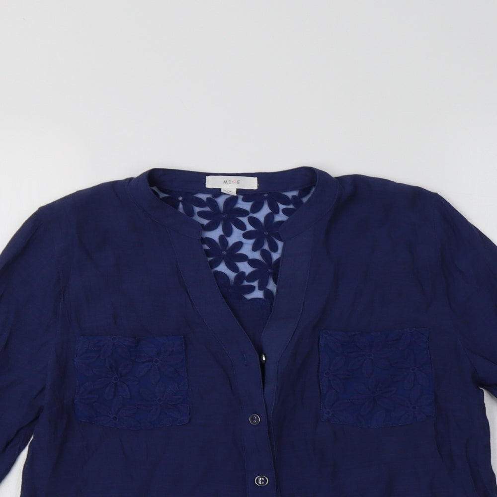 MINE Womens Blue  Cotton Basic Button-Up Size S V-Neck