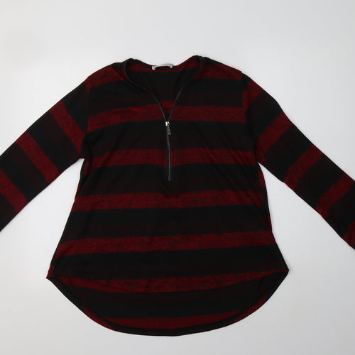 New Collection Womens Red V-Neck Striped Acrylic Pullover Jumper Size M