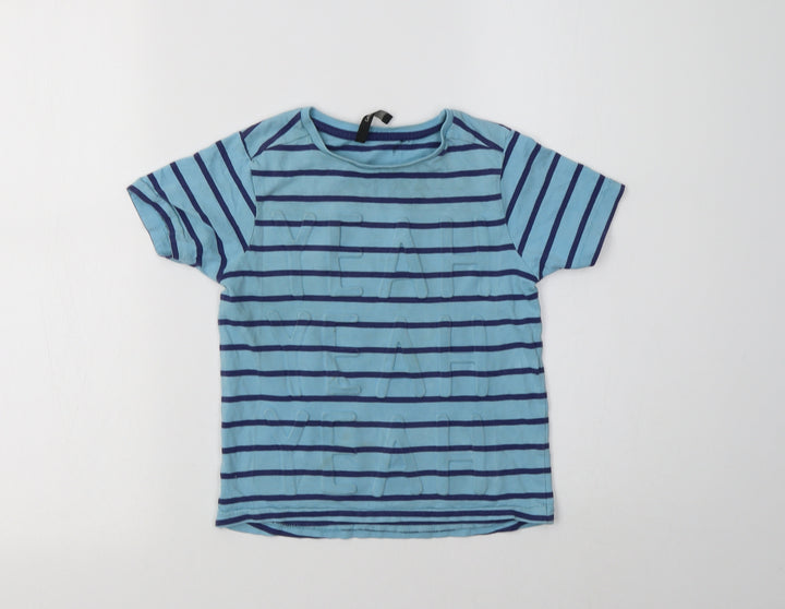 George Boys Blue Striped Cotton Basic T-Shirt Size 4-5 Years Crew Neck