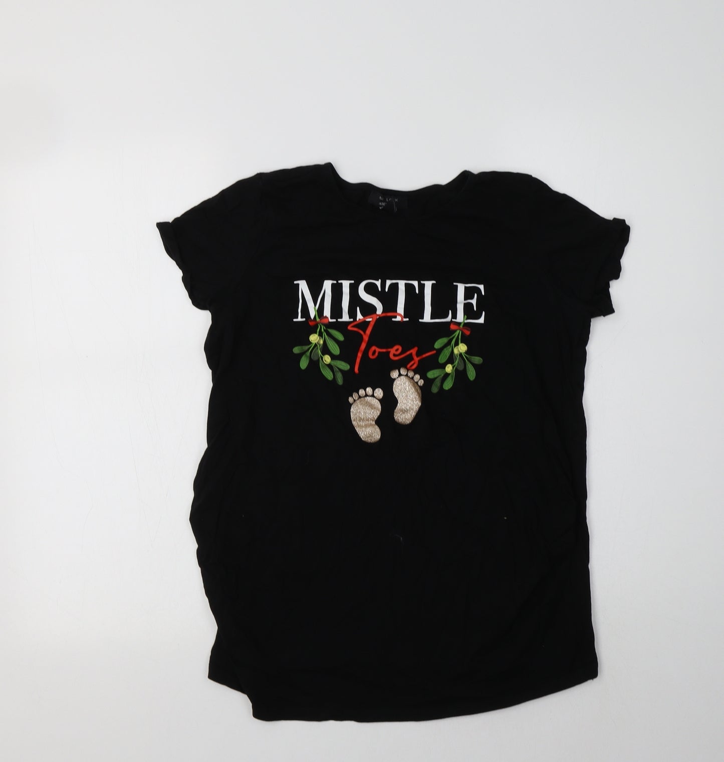 New Look Maternity Womens Black  Cotton Basic T-Shirt Size 12 Crew Neck - Christmas Top