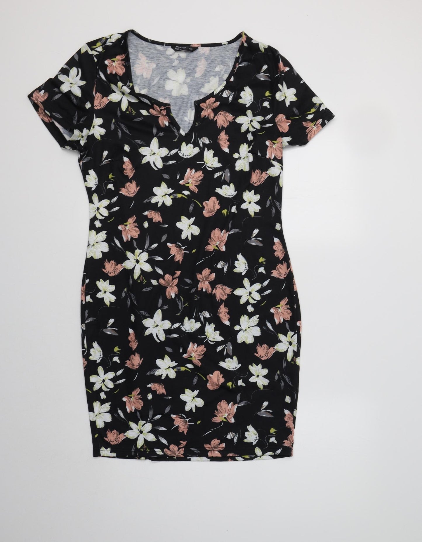 SheIn Womens Black Floral Polyester Bodycon  Size L  V-Neck