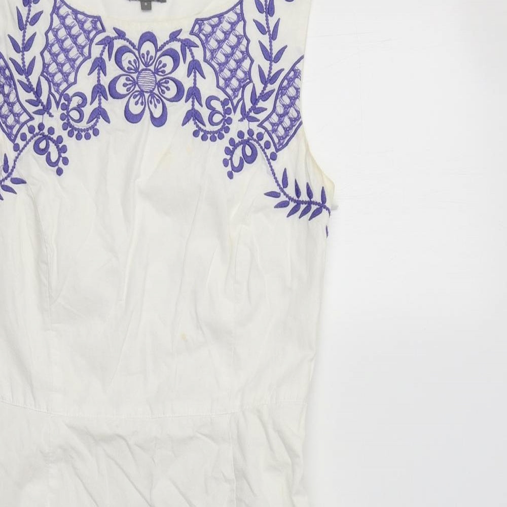 Phase Eight Womens White Floral Cotton Fit & Flare  Size 8  Round Neck