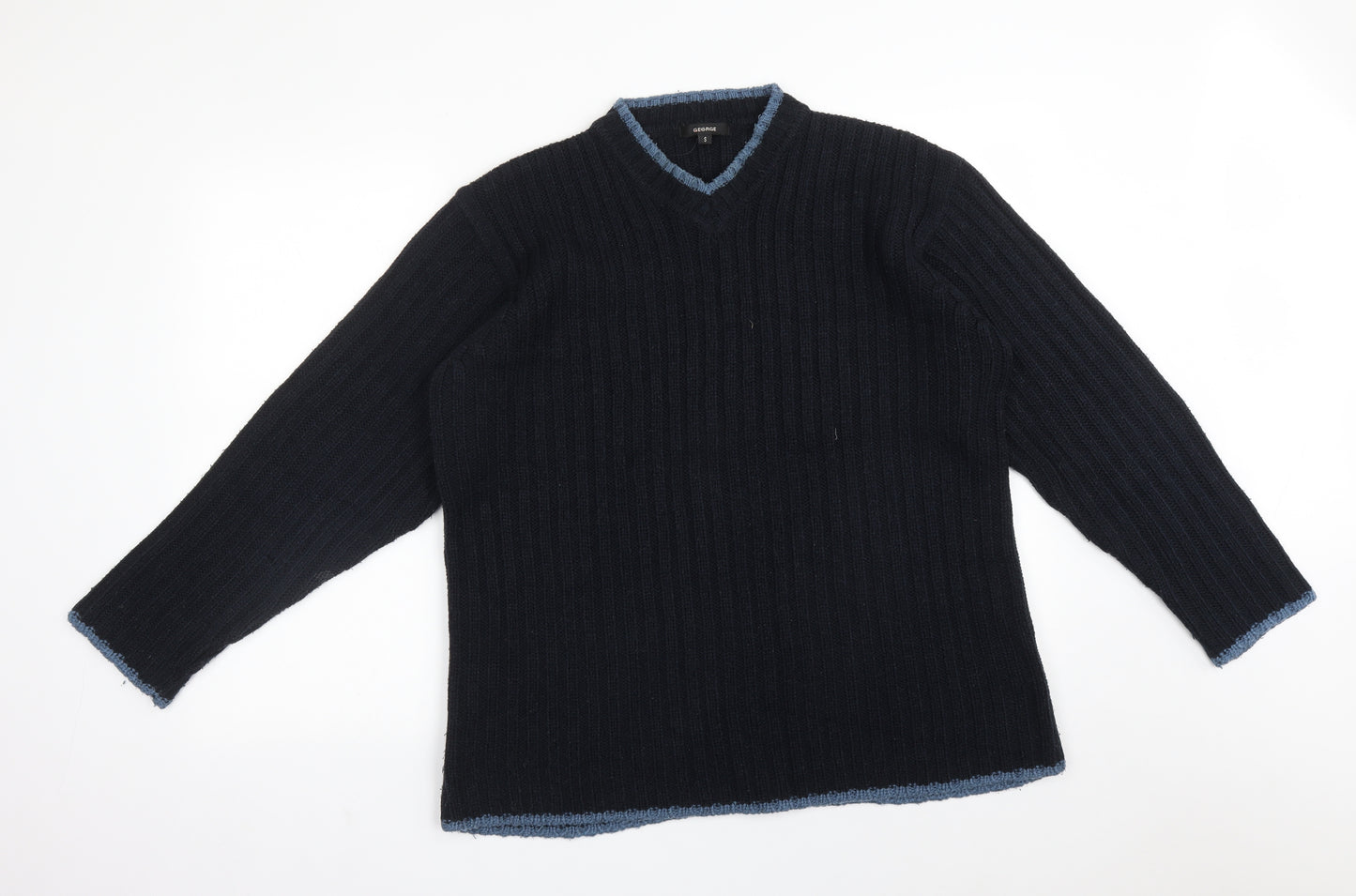 George Mens Blue Striped Acrylic Pullover Sweatshirt Size S