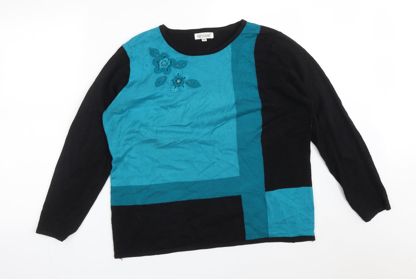 FAY LOUISE Womens Multicoloured Colourblock Acrylic Basic T-Shirt Size L Crew Neck